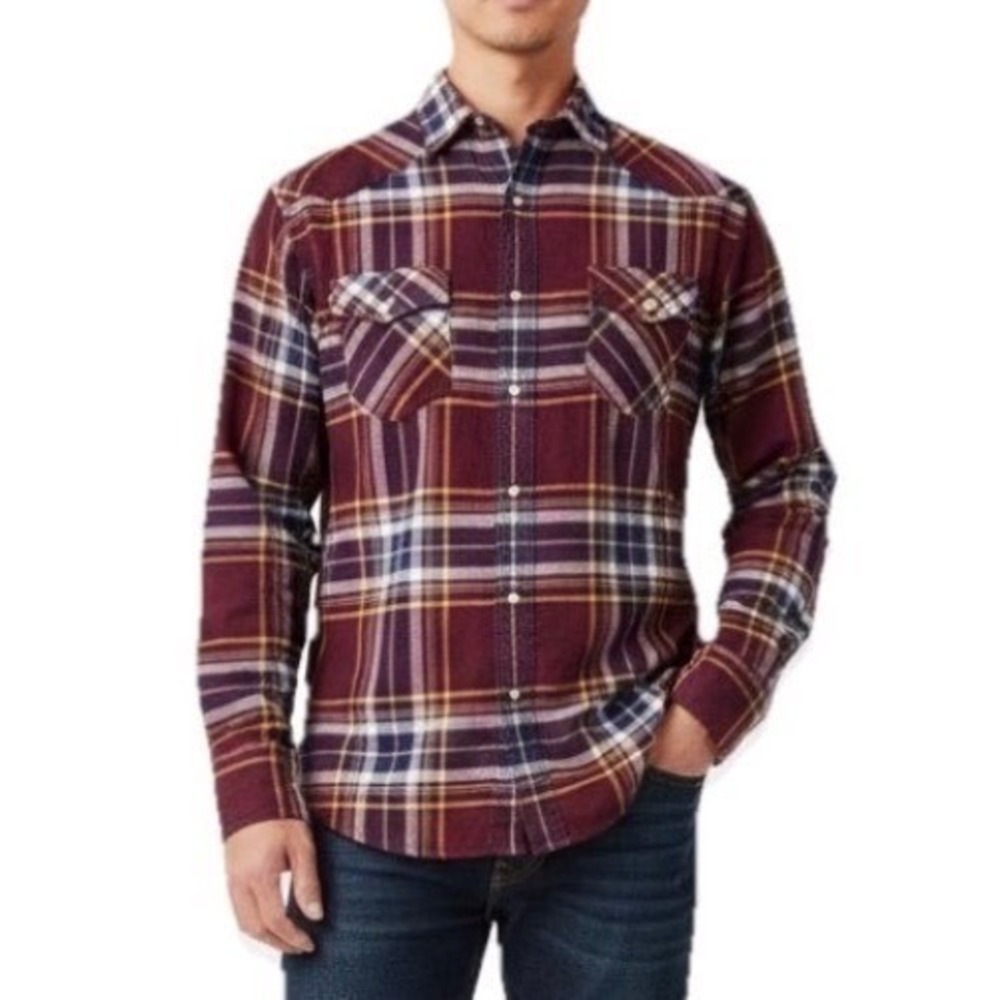 Red Camel Flannel Button Up Men L‎ Burgundy Western Plaid Long Sleeve Shirt